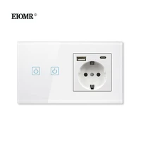 eiomr eu light touch switch and wall usb type c socket white black crystal glass panel with led lamp wall sensor switches socket