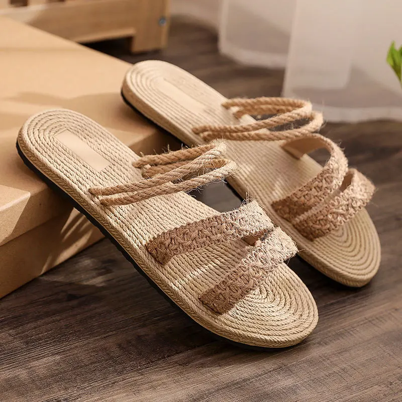 Imitation Straw Woven Women's Sandals with Hemp Soles Wear Belt and Flat Bottomed Beach Fashion |