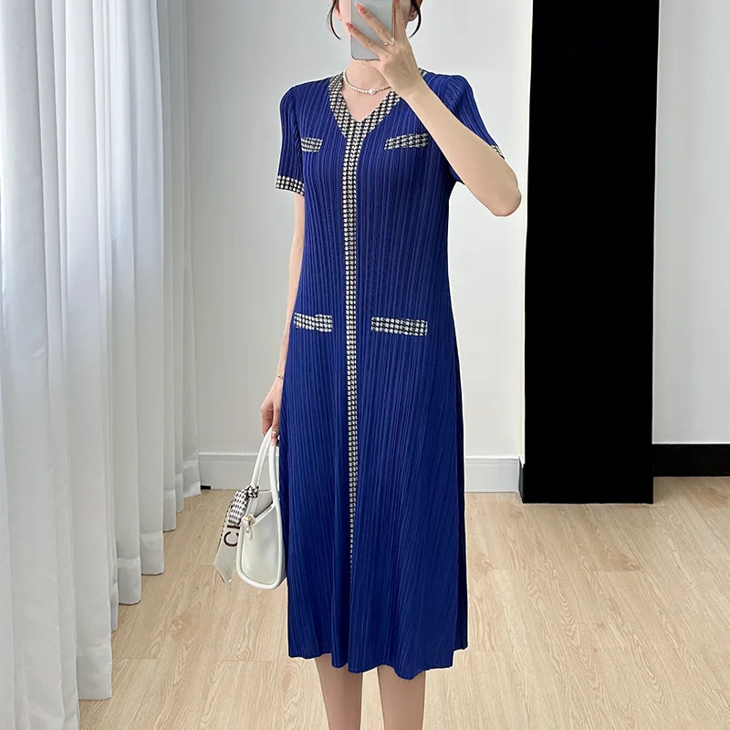 

Miyake Pleated Elegant Dress for Women 2023 Summer Color-Block V Neck Short Sleeve Slim Fit Slimming Women Long Dresses Women