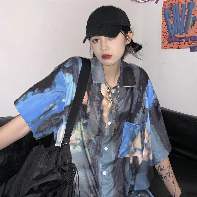 

Plus Size Shirt Fashion Summer New Retro Tie Dye Loose Hip-hop Street Goth Short-sleeved Blouses Harajuku Baggy Shirts Women