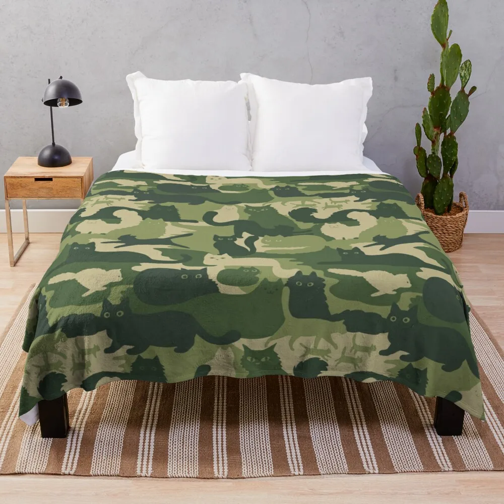 

Camouflage Pattern with Cats | Green Cat Camo Throw Blanket