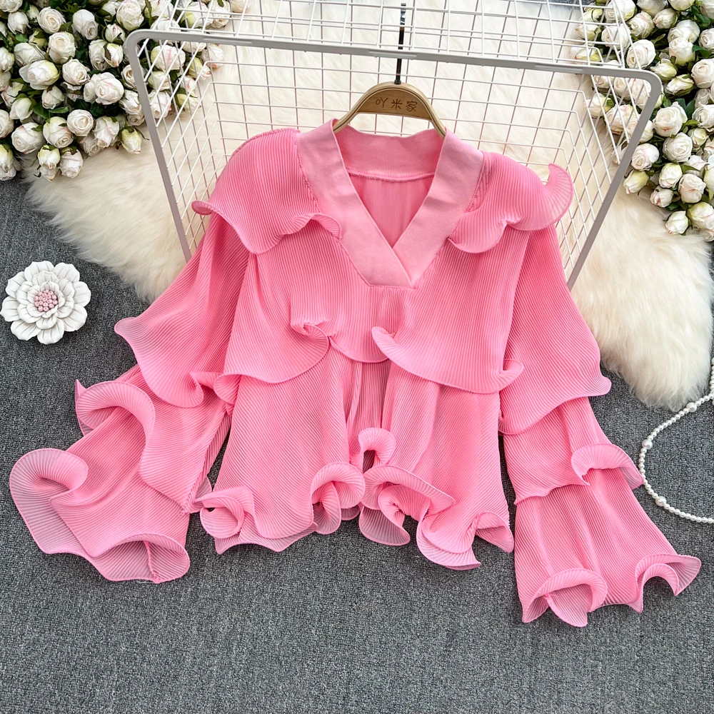 

SuperAen 2022 Spring Sweet Patchwork Ruffle Pleated Cake Chiffon Shirt Women's Loose Solid Full Top