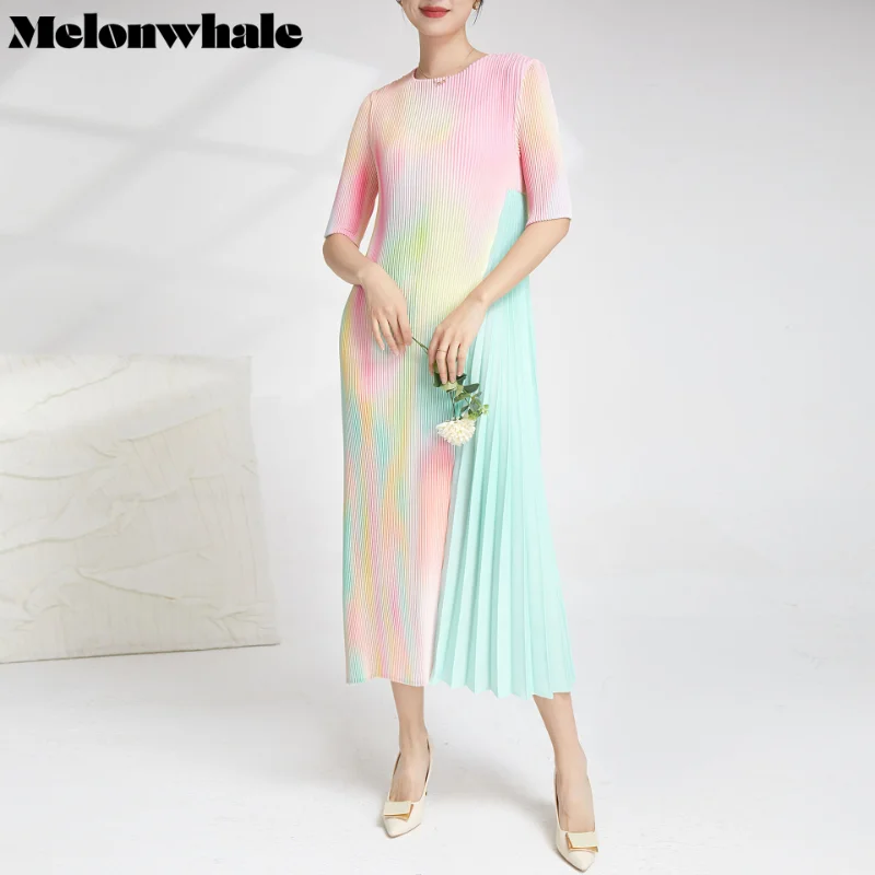 MelonWhale Gradient Maxi Pleated Dress for Women Round Neck Half Sleeve Color Block Slim Style New Temperament Dresses Ladies