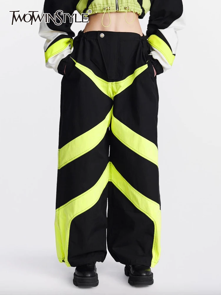

TWOTWINSTYLE Hit Color Pants For Women High Waist Patchwork Drawstring Loose Streetwear Cargo Pant Female Fashion Clothing 2023