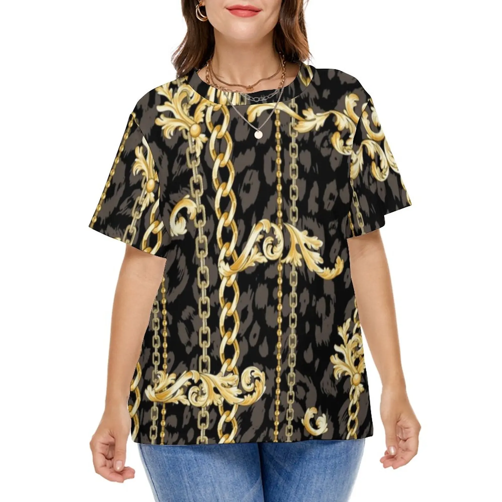 

Golden Chains Print T Shirts Gold Paisley Classic T-Shirt Short Sleeve Female Cute Tee Shirt Beach Pattern Clothes Plus Size 8XL