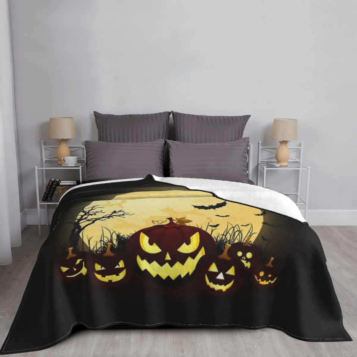 

Haunted Halloween Throw Blanket Spider Webs Witch's Hat Black Bats and Decorated Pumpkins Print on Soft Velvet Fleece