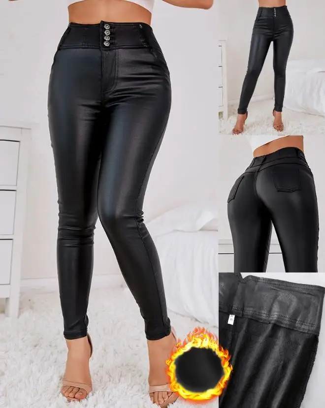 PU Leather  Pants Button Design Fleece Lined Pants High Waist Skinny Sexy Pencil Pant Black Slim Women FashionTrousers Winter