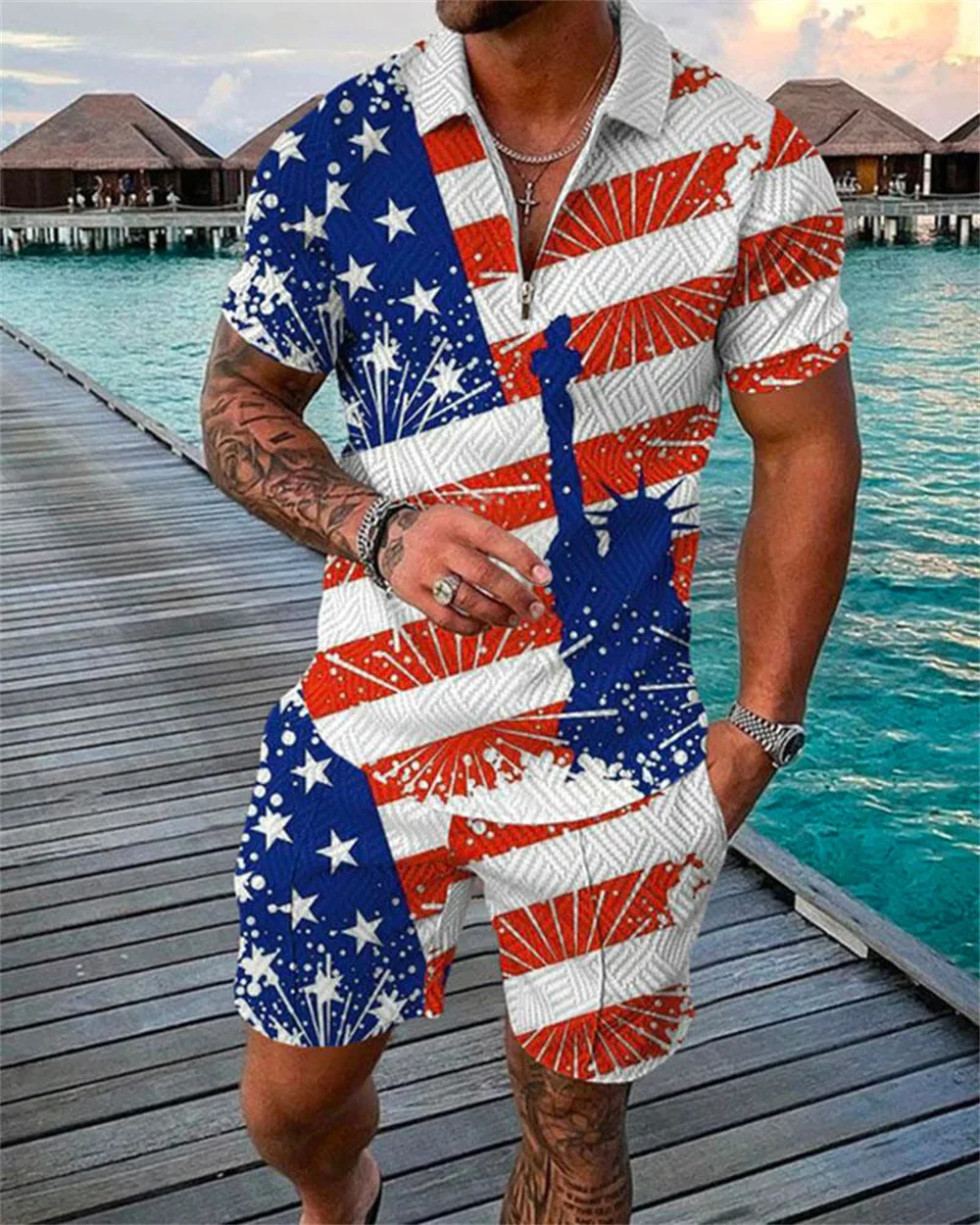 

New Men's Casual POLO Shirt Zipper Lapel Short Sleeve Fashion Shorts Set