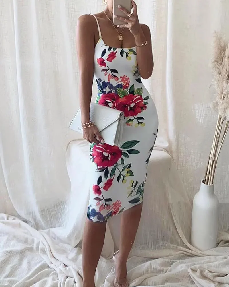 

CHAXIAOA 1 Piece Summer 2022 Women Floral Print Bodycon Cami Sexy Party Dress