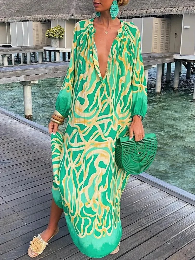

Women Boho Print Loose Beach Dress Elegant Retro Harajuku V Neck Button Maxi Dresses Women Sexy Long Sleeve Oversized Dress Robe