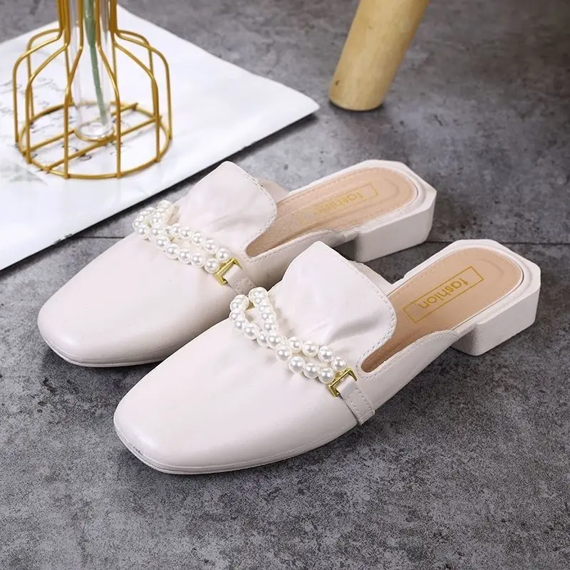 

New Chain Mules Women Slides Square Toe Ladies Striped Shoes Summer Fashion Footwear Plus Big Size