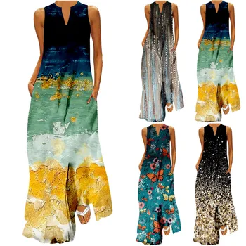 Plus Size 5XL Summer Long Women's Dress Elegant Printed Floral Sleeveless Loose Party Dresses For Women Casual Beach Tunic Dress 1