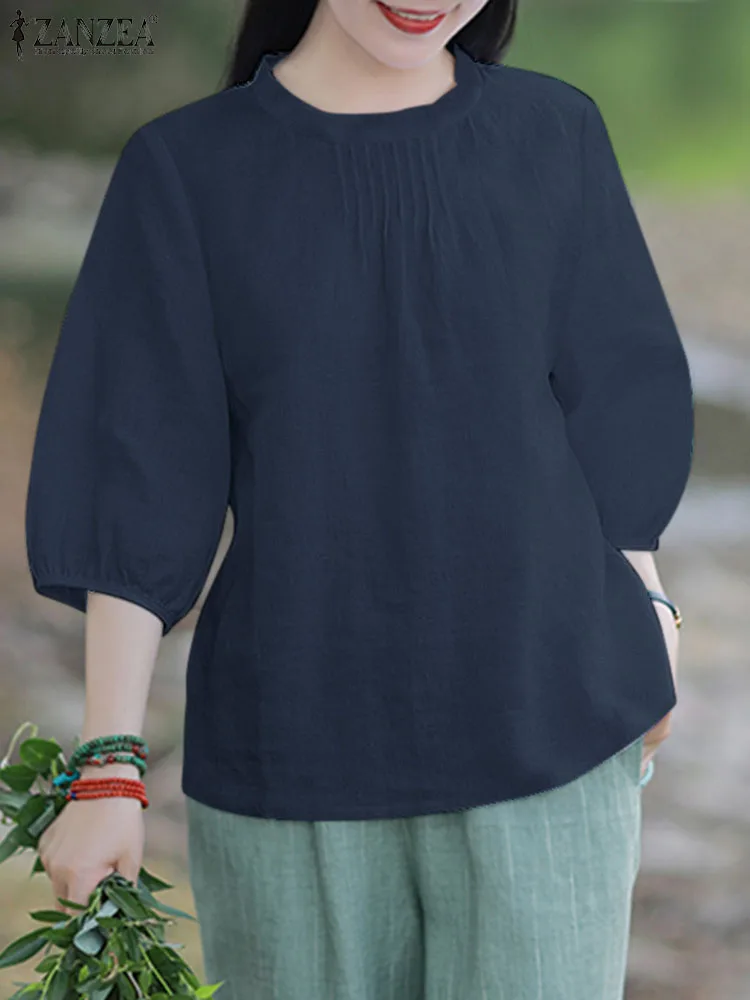 

ZANZEA Fashion Women Elegant 3/4 Sleeve Blouse Summer Solid Loose Tops Female Party Work Blusas Chemise Casual Pleated Shirt