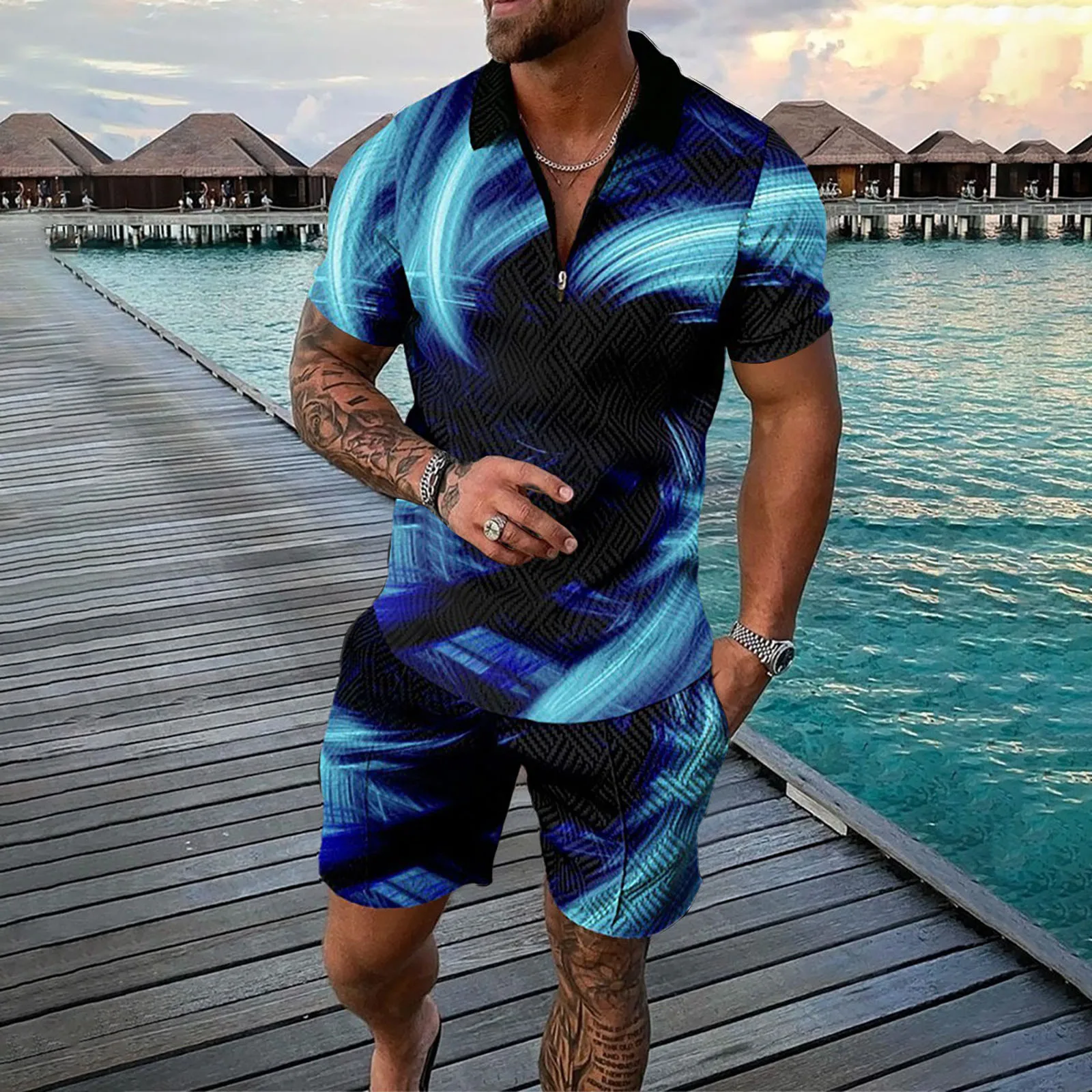 Male Casual 2 Piece Suit Stripe Print Zipper Polo Shirt Color Block Breathable Shorts  Male Set Ropa Hombre Beachwear Conjuntos
