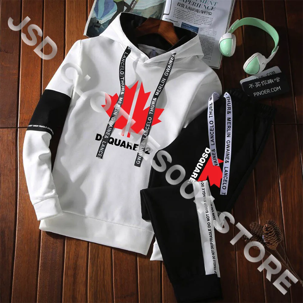 

Men Sport Tracksuit Leaf Red Letter Printed 2 Piece Hoodie Suit Male Sportswear Fleece Set Sweatshirt and Pants Pullover Tops