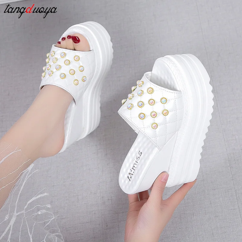 

Women Slippers platform heels Fashion Pee Toe Summer Shoes white Pearl High Heels Women Slides Platform Wedges Ladies Women Shoe