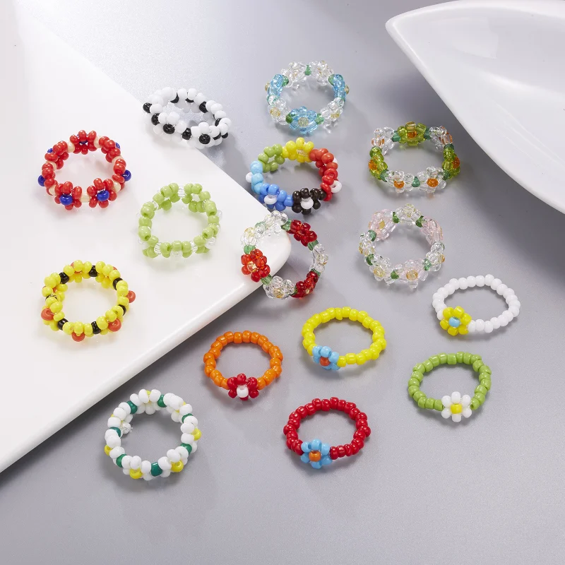 

Boho Flower Color Ring Glass Elastic Rope Korean Style Wedding Ring Free Shipping Items Women Vintage Ladies Jewelry Accessories