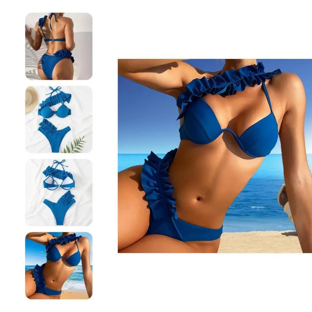 

Summer 2Pcs/Set Attractive Pure Color Lace-up Split Bikini Two-piece Split Bikini Solid Color for Spa