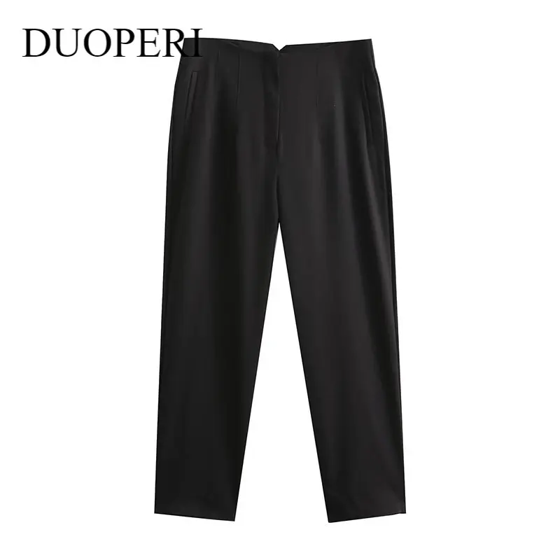 

DUOPERI Women Fashion Black Straight Leg Trousers High Waist Front Zip Fly Side Pockets Chic Lady Female Casual Long Pants