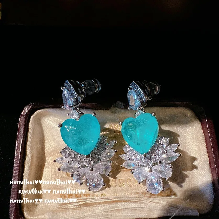 

925 Silver Color Paraiba Tourmaline Drop Earrings Female Romantic Heart Shape Gemstone Dangles Luxury Wedding Banquet Jewelry
