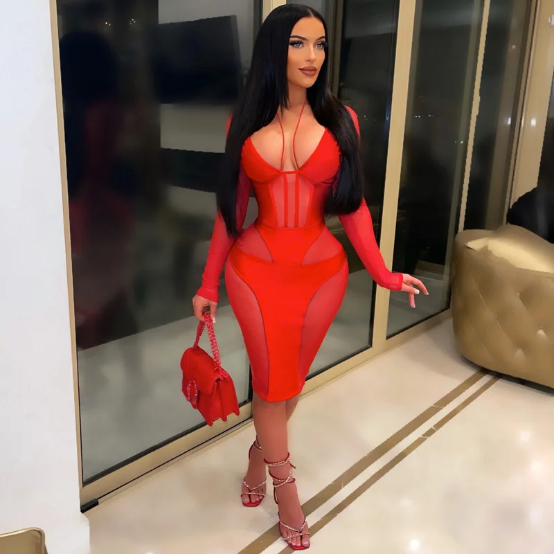 

Sexy Sheer Mesh See Through Elegant Dresses for Women 2022 Y2k Clothes Cleavage Full Sleeve Party Clubwear Birthday Robe Femme