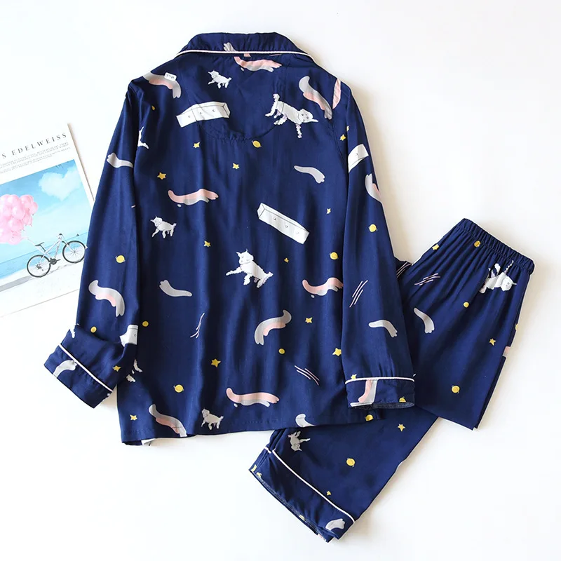 Couple Viscose Pajamas Set Sleep Wear Lapel Smooth Long-sleeved Trousers Loose Soft Large Men Home Wear Women Two Pieces Suit