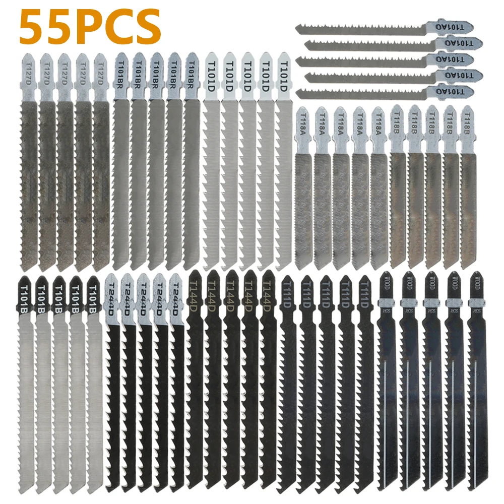

55Pcs Jig Saw Blade Set HCS/HSS Assorted Saw Blades with T-shank Sharp Fast Cut Down Jigsaw Blade Woodworking Tool for Wood