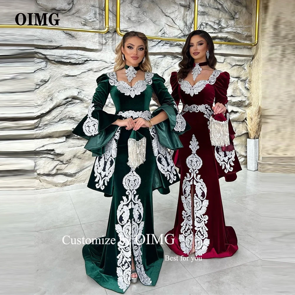 OIMG Moroccan Kaftan Velvet Evening Dresses Burgundy Green Applique Split Vintage Formal Occasion Dress Dubai Arabic Prom Gown
