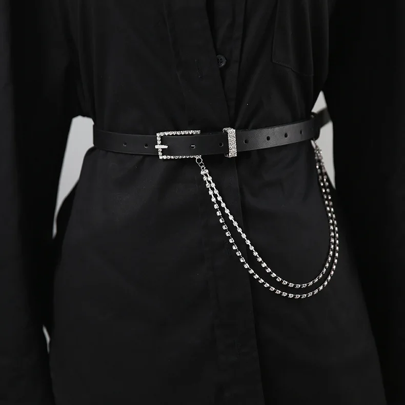 

Fashion PU Belts Chain Waist Belt With Rhinestone Shiny Crystal Tassel Waistband Body Chain for Women