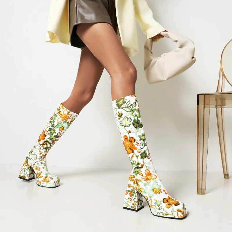 

Colorful Floral Ultra-High Thick Heel Women's Knee-Length Boots Square-Toe Platform Tapered Print Breathable Long Boots Shoes