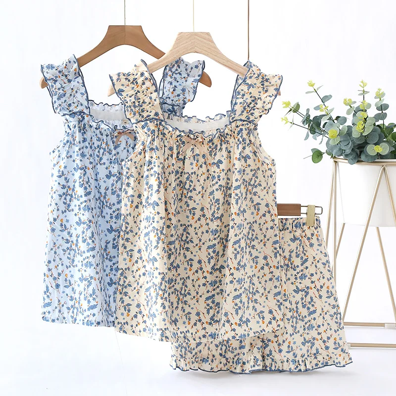 

Sweet and Lovely Suspender Girl Pajamas Summer Cotton Gauze Garden Floral Short Sleeve Shorts Home Suit Square Collar Sleepwear