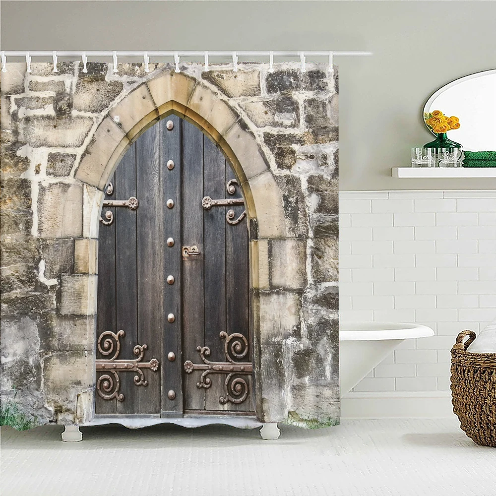 

Retro Old Door Brick Wall Scenery Bath Curtain Waterproof Fabric Shower Curtains Vintage Style Bathtub Screen for Bathroom Decor