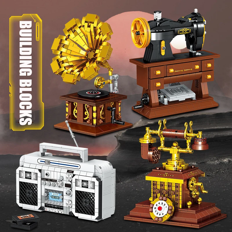 

MOC Creative Retro Gramophone Printer Radio Model Mini Building Blocks DIY Telephone Collection Ornaments Children's Toy Gift