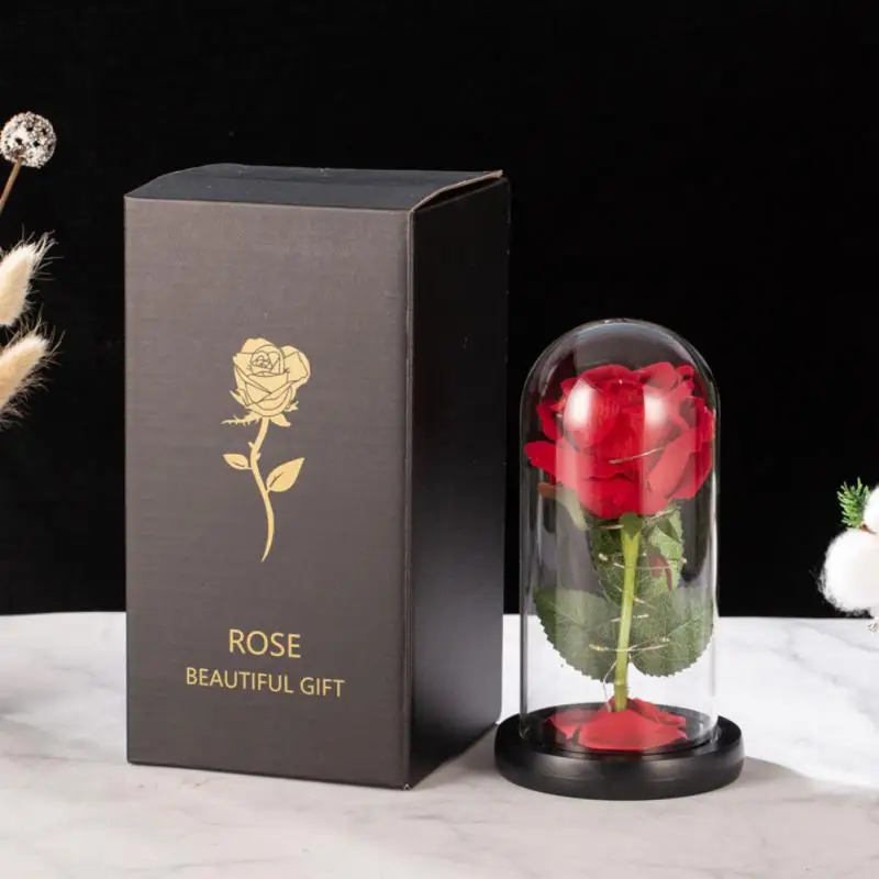 

Artificial Eternal Rose Valentine's Day Dried Flower Rose Beauty And Beast LED String Light Eternal Rose In Glass Wedding Decor