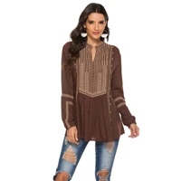 eaeovni womens brownv neck boho embroidered tops long sleeve shirts casual loose tunics blouse