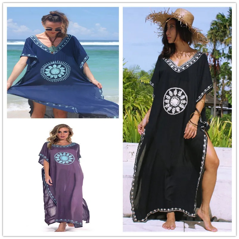 

Embroidery Cotton Beach Cover up Saida de Praia Swimsuit Women Bikini cover-ups Tunics for Beach Pareo Sarong Beachwear #Q643