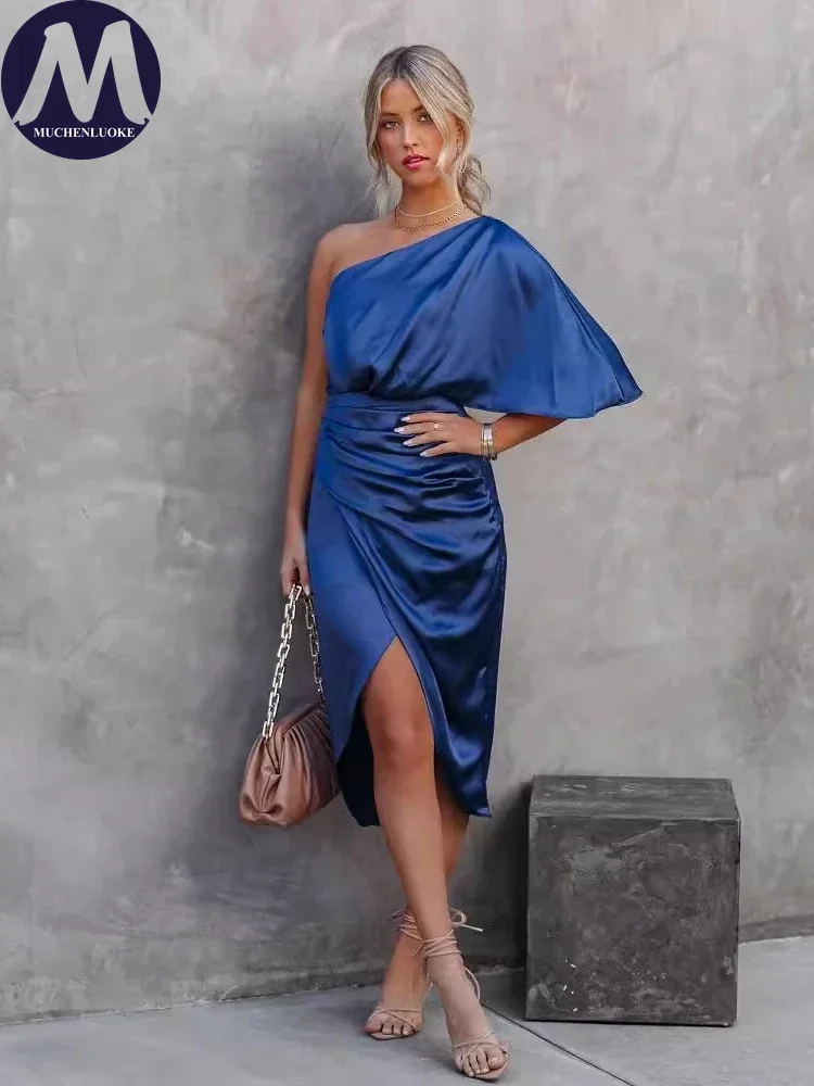 elegancka damska sukienka z ukośnym kołnierzem Slim Fit trąbka syrenka sylwetka seksowny styl klubowy włókno akrylowe długość...