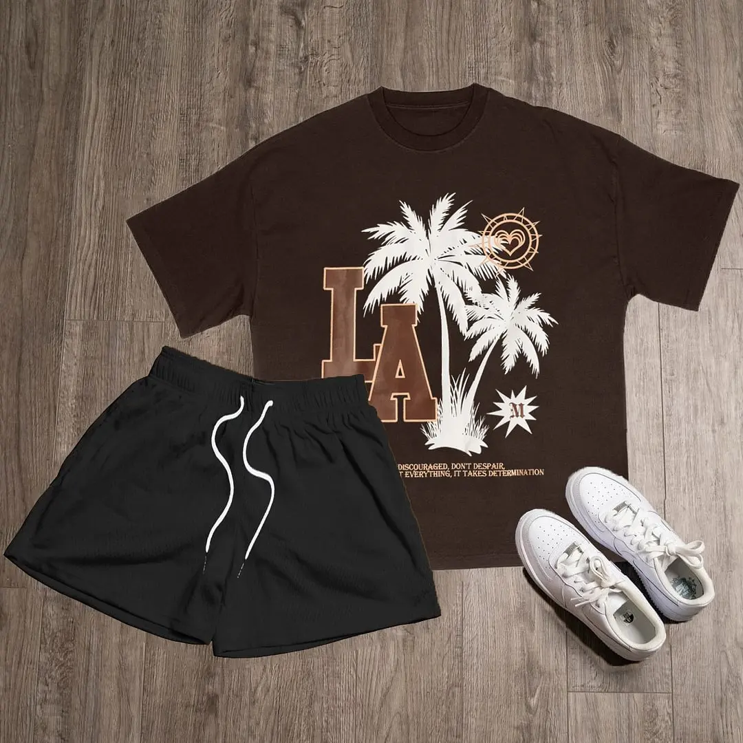 Men's Clothing Printed Pattern Set Summer Beach T-shirt Shorts Two-piece Street Daily Wear Unisex Casual Loose Fitting Set New