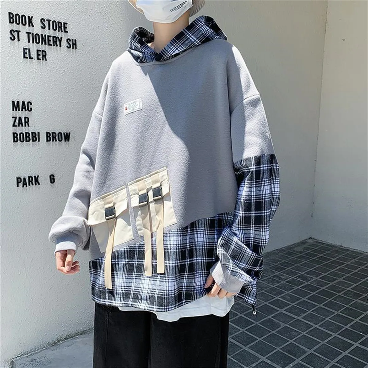 

Крутая Лоскутная футболка, мужские осенние клетчатые весенние топы в стиле хип-хоп, футболка в готическом стиле, мужская повседневная японс...