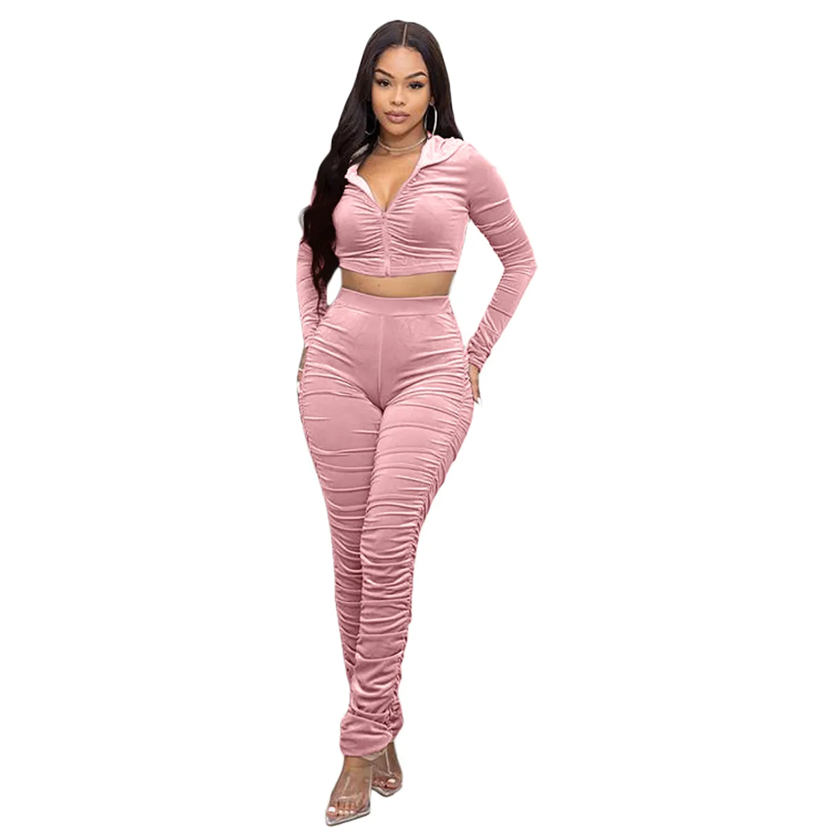 

Women's Autumn Two-piece Korean Velvet Solid Color Long-sleeved Navel Fold Sports Suit Two Piece Sets Womens Outifits