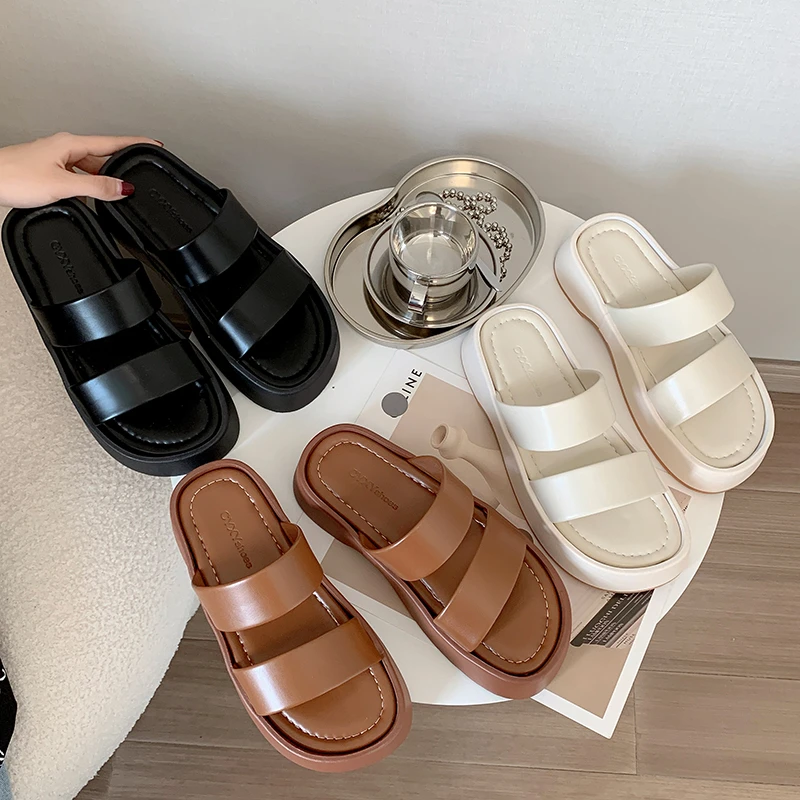 2023 New Summer Women's Shoes Fashion Leather PU Girls Slippers Flat Shoes Casual Slippers Outside Women Slippers Female Sandals