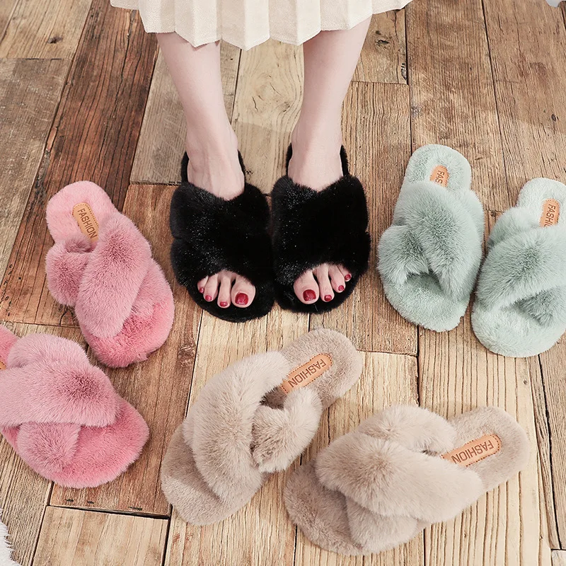 

2022 Winter New Fashion Slippers Indoor and Outdoor Women's Open Toe Flat Bottom Warm Bedroom Non Slip Soft Domestic Plush Shoes