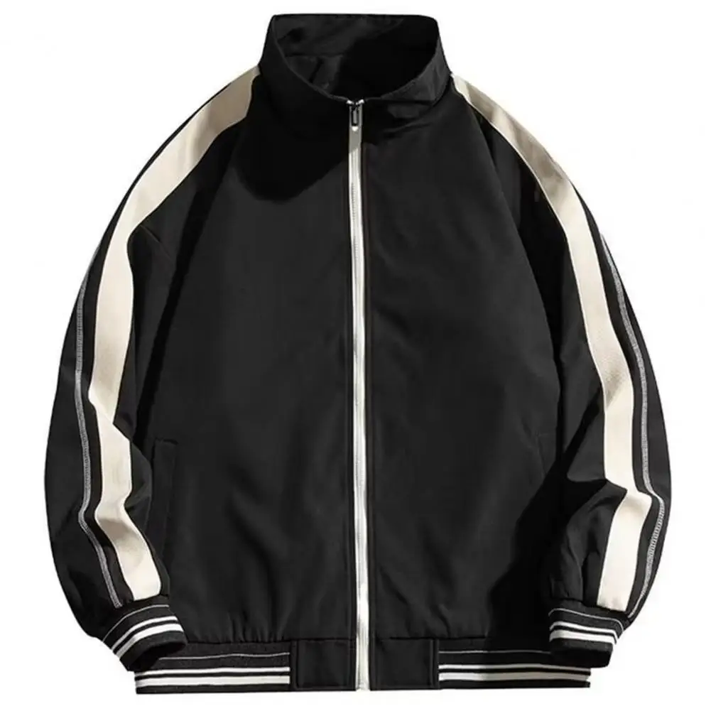 

Unique Contrast Stitching Jacket Vintage Color Matching Stand Collar Coat Stylish Retro Striped Stitching Jacket for Ages Lapel