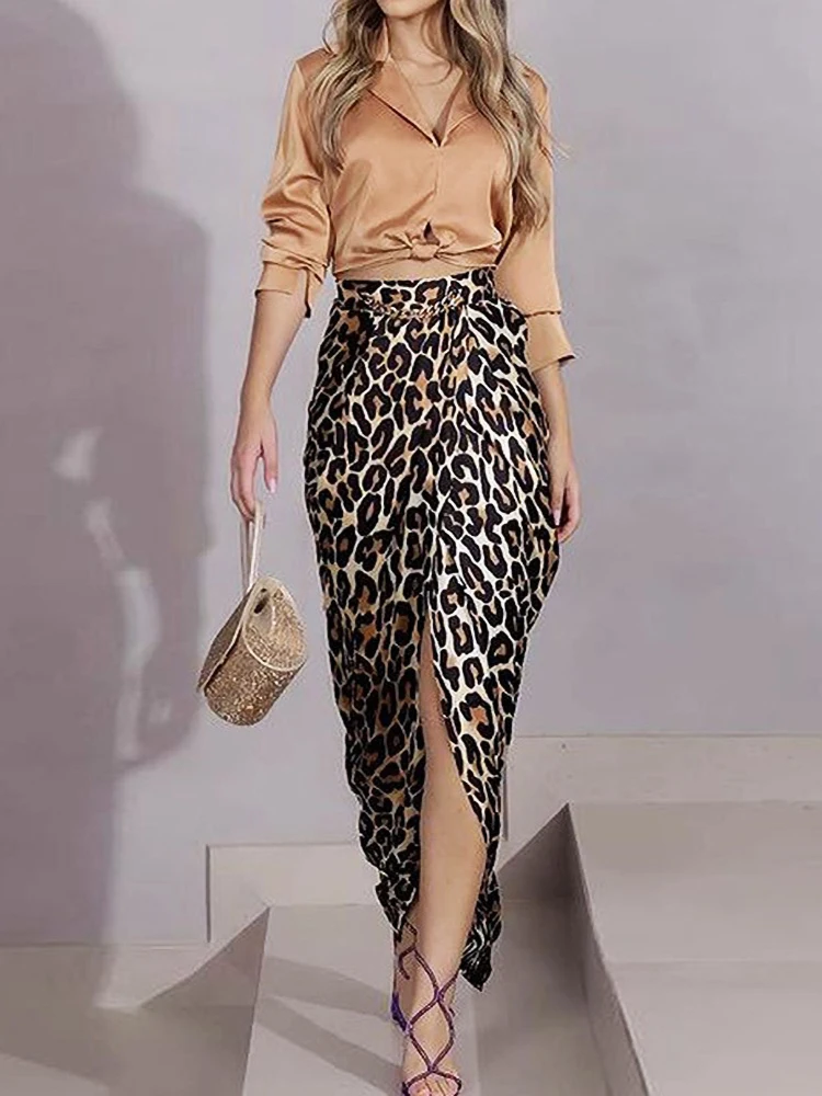 

Spring and Autumn Women's Long Sleeve Leisure Style Polyester Material 2023 New Fashion Solid Color Shirt Leopard Dress Set
