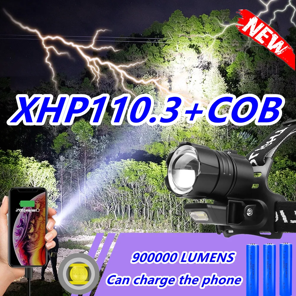 

NEW COB and XHP110.3 Rechargeable led headlight powerful usb zoom headlamp light portable 18650 lantern head flashlight torch
