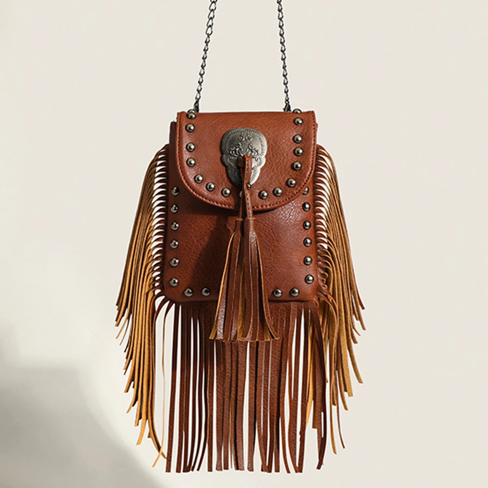 

Vintage Rivet Tassel Chain Bags For Women Shoulder Crossbdoy Bags Fashion PU Leather Punk Bags Ladies Mobile Phone Bags