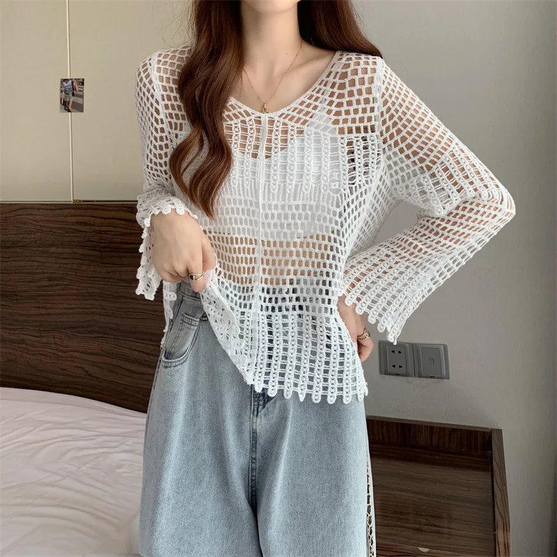 2023 Spring and Summer New Hollow Top Women's Thin Mesh Overclothes Idle Style Loose Slimming Sun Protective Sweater Wholesale