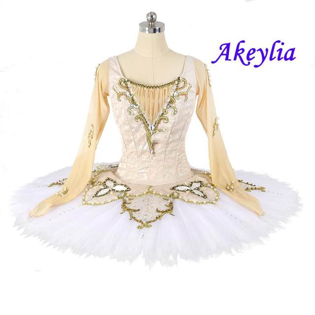 Long sleeves Paquita Variation Professional Ballet Tutu beige white Cosutmes Competition Pancake Tutu ballet for girls JN0115