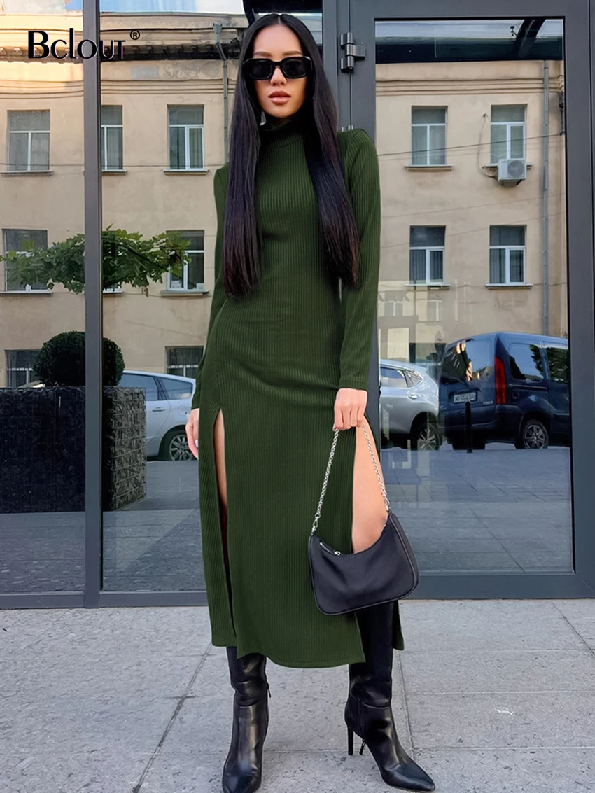 

Bclout Elegant Knitted Long Dresses Women 2022 Fashion Office Turtleneck Elastic Slit Dress Green Long Sleeve Slim Party Dresses
