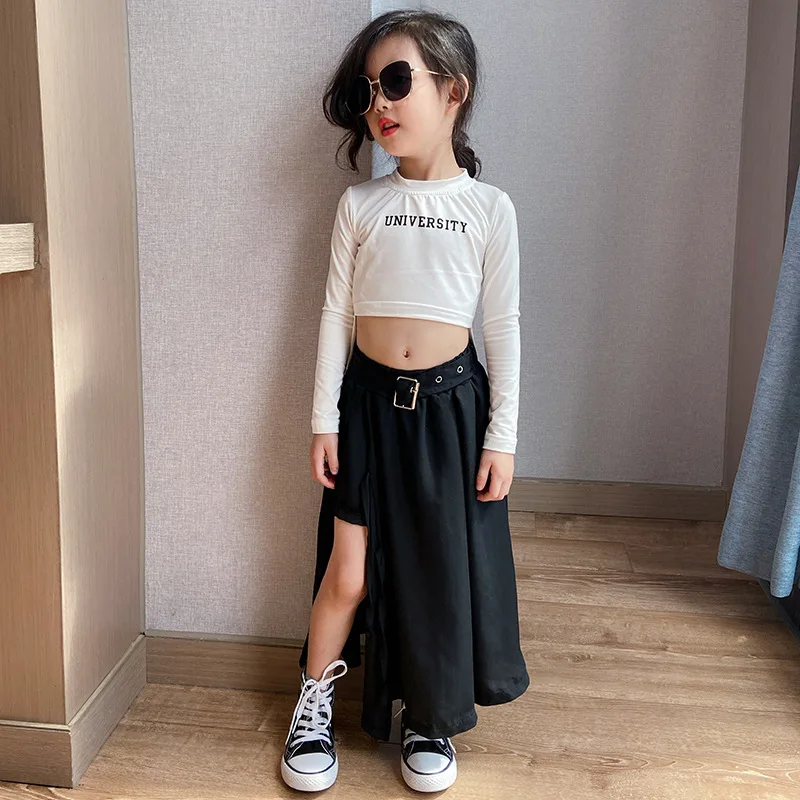 

Korean Streetwear Black Chiffon Midi Skirt Slit Irregular High Waist Baby Girls Kids Clothing Party Show Long Skirts 3 To 12 Yrs